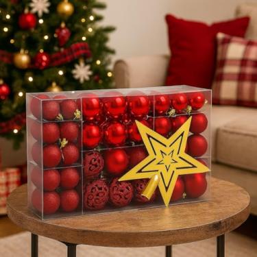 Imagem de Kit Bolas de Natal Decorativas com 100 Peças Vermelho ou Dourado | Acabamento Fosco, Brilhante e Glitter + Ponteira | Enfeites para Árvore e Decoração Natalina (VERMELHO)
