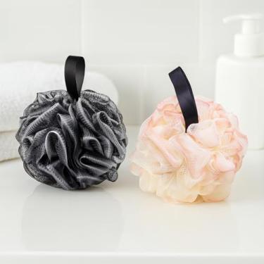 Imagem de Bucha de chuveiro para mulheres, esponja de banho macia de 50 g, esfregão de chuveiro esfoliante para o corpo, esponjas de bucha para limpeza do corpo, 2 peças, preto + rosa