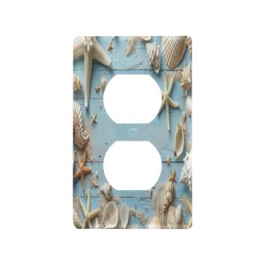 Imagem de Blueangle Placa de parede de tomada dupla de madeira azul, tamanho padrão, placas de cobertura de tomada elétrica de 1 gangue para decoração de quarto de escritório em casa, 4,53 x 2,76 polegadas (174