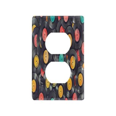 Imagem de Blueangle Placa de parede de tomada dupla de discos de vinil, tamanho padrão, placas de cobertura de tomada elétrica de 1 gangue para decoração de quarto de escritório em casa, 4,53 x 2,76 polegadas