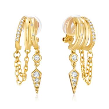 Imagem de FILMOON Brincos de corrente em camadas delicados banhados a ouro 18 K com pingente de pressão para mulheres – Joias modernas ousadas sem piercing