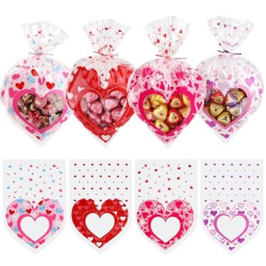 Imagem de HOIIOH 100 sacos de guloseimas em forma de coração para Dia dos Namorados – Sacos de doces e guloseimas transparentes de celofane com laços torcidos, sacos de presente de dia dos namorados para troca