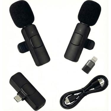 Imagem de Kit Microfone de Lapela Duplo Sem Fio Universal para Celular iPhone (Lightning) e Android (USB-C), Profissional com Redução de Ruído, Plug and Play para Vlog, Entrevista e Live, Alcance 20m