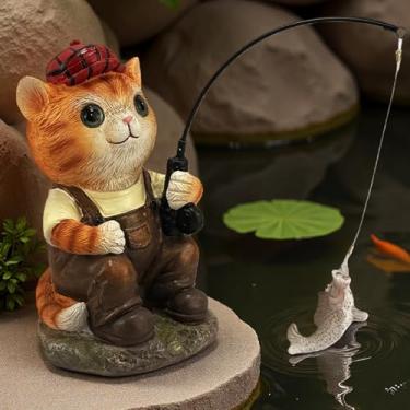 Imagem de GARDEN WHISPER Estátua de gato para decoração de jardim de lago de carpas ao ar livre, decoração de gato para quintal 19 cm, estátua malhada de pesca, decoração de jardim ao ar livre, pescador para