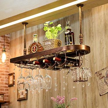 Imagem de Rack de vinho pendurado rack de vinho com cristal, barra de teto de metal ajustável, suporte de vidro e vinho montado na parede, suporte de garrafa de ferro, prateleira de vinho, suporte organizador