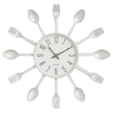 Imagem de Relógio De Parede Branco Para Cozinha Com Talheres Estilo Retrô Decoração Elegante E Moderna 32 Cm