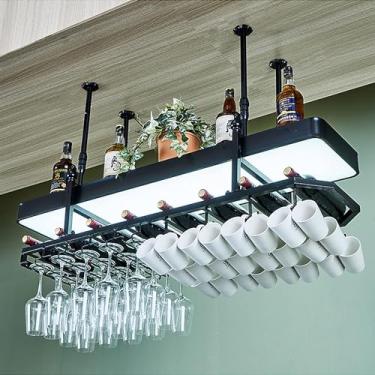 Imagem de Rack de vinho suspenso montado na parede com luzes, barra de teto de metal ajustável rack de vidro com suporte de vidro suporte de garrafa de ferro prateleira de vinho para bar cozinha (cor: preto