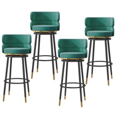 Imagem de Conjunto de bancos de bar estofados de veludo de 4,65 cm, banquetas giratórias com apoio para os pés e pernas de metal preto, bancos de jantar estofados de café da manhã com encosto alto, verde