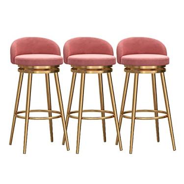 Imagem de Banquetas giratórias de balcão com encosto conjunto de 3, bancos de bar de café da manhã Farmhouse Kitchen, rotação de 360°, assento estofado de veludo, pernas de metal dourado, altura 65 cm, rosa