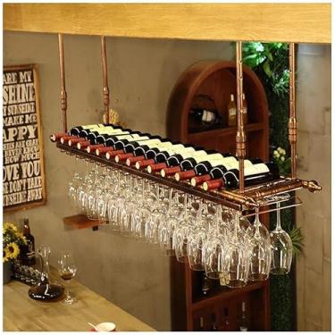 Imagem de Suporte de copo de vinho retrô industrial com suporte de garrafa de vidro pendurado, prateleira de armazenamento, moldura de ferro forjado de estilo simples, vintage de aço inoxidável, bar restaurante