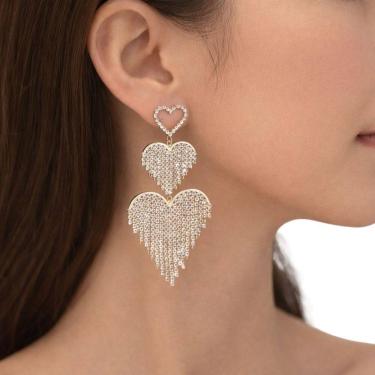 Imagem de Brinco Feminino Coração Strass Longo Elegante Luxo Festa