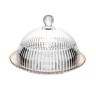 Imagem de Queijeira de Cristal Império Fio de Ouro para Servir Queijos com Borda Dourada 20cm Transparente Wolff