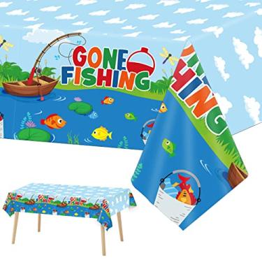 Imagem de 3 Pieces Gone Fishing Tablecloth for Fishing Birthday Decoration Plastic Disposable Little Fisherman The Big One Table Covers for Rectangle Tables Summer Baby Shower Party Supplies, 54 x 108 Inches