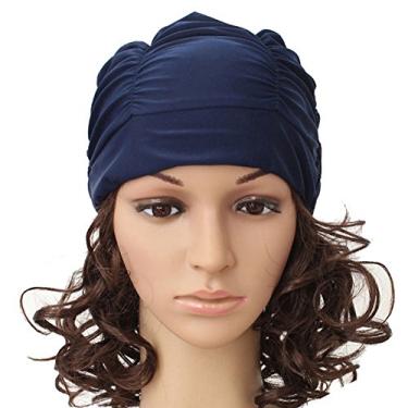 Imagem de HugeStore ccHuDE Chapéu de natação feminino plissado tecido tecido chapéu de natação boné de natação boné de banho azul escuro