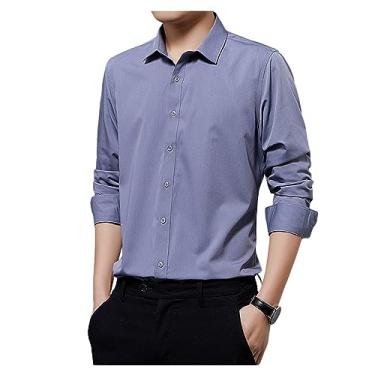 Imagem de Camisa social masculina de cor lisa abotoada manga longa camisa formal sem rugas, Cinza, 3G