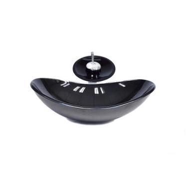 Imagem de Cuba De Vidro Oval 47Cm Preta + Valvula + Torneira Cascata - Cubas E G