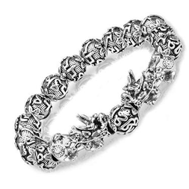 Imagem de ZenBless Pulseira de prosperidade Fengshui 12 mm pulseira de contas naturais prata única Pi Xiu/Pi Yao atrai riqueza, saúde e boa sorte, 12mm, Metal, Jaspe