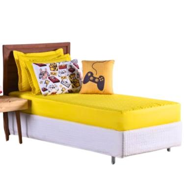 Imagem de Colcha Cobre Leito Jogo Roupa Cama Infantil Fronha Solteiro 5 Peças Matelado Quarto Menino Criança Interativo Game Amarelo