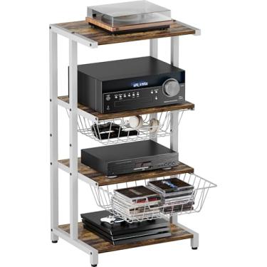 Imagem de Ardier Suporte de mídia com duas cestas destacáveis, prateleira de canto de mídia AV de 4 camadas para leitores de DVD, caixas de cabo/consoles de jogos, suporte de armazenamento de áudio para sala de