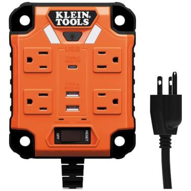Imagem de Klein Tools 29601 Faixa de alimentação magnética com protetor contra sobretensão, cabo de extensão, 4 tomadas, 3 portas USB, cabo de 1,5 m, caixa de alimentação com luz, PowerBox 1, resistente