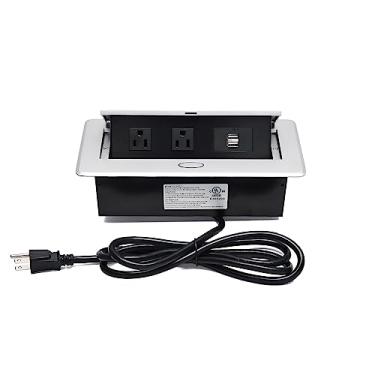 Imagem de Tira de energia de aprovação UL, caixa de conexão de mesa de tomada oculta, soquete de mesa com 2 saídas e 2 portas de carregamento USB para bancada de sala de conferência (prata)