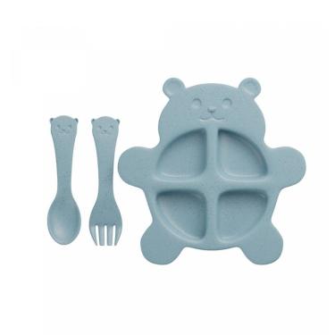 Imagem de Prato Divisória E Talheres Refeição Bebê Urso Azul Ecológico Lyor