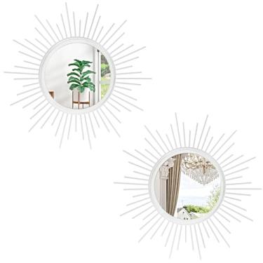 Imagem de HLFMVWE Espelhos de parede Sunburst Conjunto de 2 espelhos decorativos de 30 cm Espelho de arte boêmio para casa redondo moderno espelho de metal para quarto sala de estar corredor banheiro varanda
