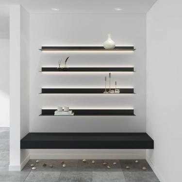 Imagem de Prateleiras de parede flutuantes, prateleira de livros de exibição de liga de alumínio com iluminação LED prateleira de armazenamento de parede para sala de estar (cor: preto, tamanho: 150 x 20 cm)