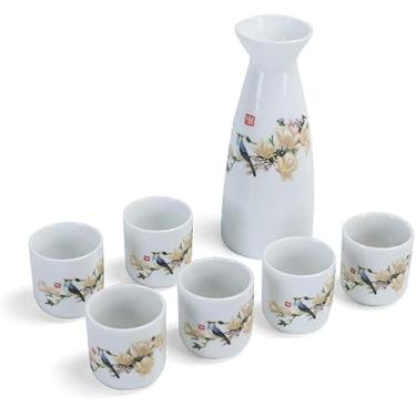 Imagem de JOEUQK Copo de vinho artesanal, conjunto de 7 peças de saquê de cerâmica japonesa, padrão de flores e pássaros, material cerâmico, 6 copos de saquê, 1 pote de saquê