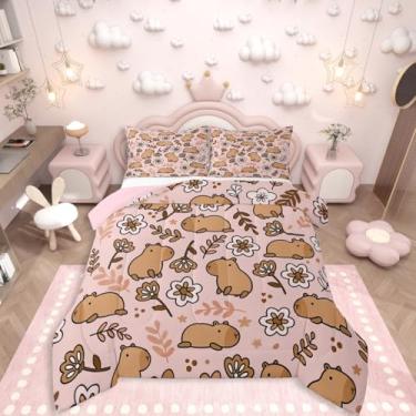 Imagem de Erosebridal Conjunto de cama King Size com desenho capivara para casa, animais fofos, conjunto de edredom para crianças, meninos, meninas, homens, galhos, edredom, colcha floral, rosa