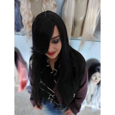 Imagem de Peruca, wig, preta, lisa, 75cm, com franja, fibra premium - JUPERUCAS
