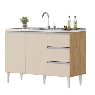 Imagem de Balcão Salvador 1,20 Mt 3 Gavetas 2 Portas 100% Mdf Amêndoa Off - MILA