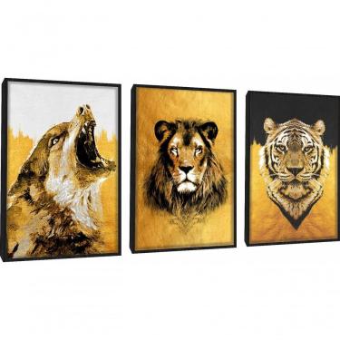 Imagem de Quadro Decorativo Pintura Lobo, Leão, Tigre Com Moldura Preto