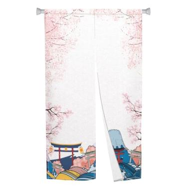 Imagem de Leowefowa Cortina de porta japonesa Noren pintura artística tapeçaria de porta Sakura Mount Fuji painéis de tratamento de janela para divisória de sala suspensa cortinas de porta de cozinha decoração
