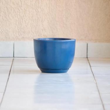 Imagem de Vaso de Plantas Decoração Sala MEsa Banca Bojo Redondo 20x25 Liso Marmorizado Polido com Prato (Azul)