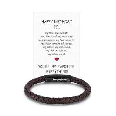 Imagem de Pulseira masculina trançada de couro genuíno para presente para homens, pai, marido, namorado, filho, neto, irmão, sobrinho, tio, preto, aço inoxidável, gravada com Love You Forever, joia 19,5 | 22,5