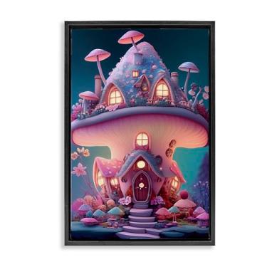 Imagem de Stupell Industries Magicville Mushroom Cottage Home Black Framed Floater Canvas Wall Art, design by Sasha, 25 x 17