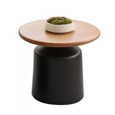 Imagem de Mesa de centro redonda, conjunto de 2 mesas de nidificação com acabamento de madeira em estilo creme, mesa de cabeceira lateral de sofá para quarto, base de aço carbono, madeira, preto, P