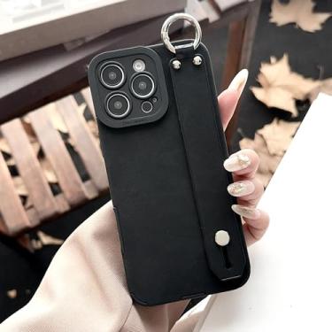 Imagem de IRTGFG Para iPhone 16 Pro Max, alça de mão, capa de couro macio, suporte de anel, pulseira fosca, suporte para celular (para iPhone 16 Pro Max/preto)