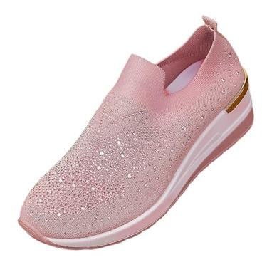 Imagem de Sapato feminino moderno casual respirável salto plataforma cravejado diamante cravejado braguilha plus size, rosa, 39