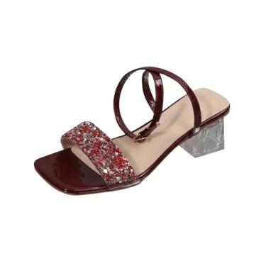 Imagem de Sandálias femininas estilo verão plus size cristal bico quadrado tira reta salto médio salto grosso casual design confortável, Vinho vinho, 34