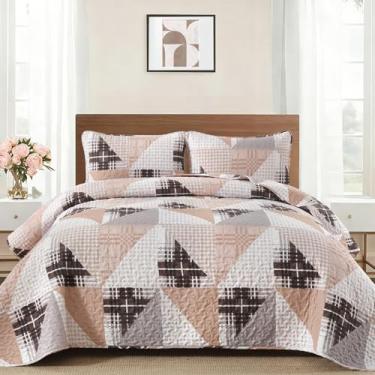 Imagem de Conjunto de colcha annibedding Queen, colcha xadrez de patchwork, geométrico, reversível, conjunto de cama de casa de fazenda de microfibra macia de 3 peças para todas as estações (Queen, 246 x 234 cm