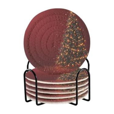 Imagem de Blueangle 6 peças de porta-copos de árvore de Natal estrelas brilhantes para bebidas, porta-copos de tecido redondo super absorvente para mesa de café, proteção de mesa para decoração de casa (532)