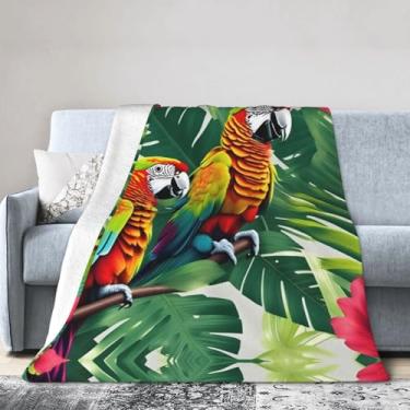 Imagem de Cobertor grande ultramacio com estampa de papagaio de folha de flor tropical, perfeito para cama, sofá e viagens, manta de flanela aconchegante e quente