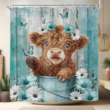 Imagem de Riyidecor Cortina de chuveiro engraçada de vaca 182 cm L x 182 cm de altura, fazenda, highland, margarida, verde, país, desenho animado, animal, moda, balde de madeira, para meninas, decoração de