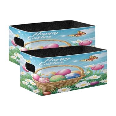 Imagem de xigua Conjunto de 2 caixas de armazenamento de ovos de Páscoa, cubo de armazenamento dobrável, organizador de cestas de armazenamento para livros, prateleiras, armário, lavanderia, berçário