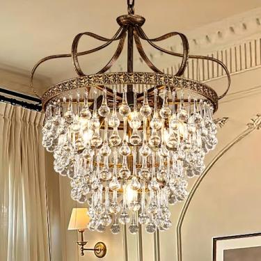 Imagem de TOCHIC Lustre de cristal império francês, lustres pendentes de fazenda iluminação vintage bronze antigo luminária de teto suspensa para sala de jantar cozinha ilha lustre de sala de estar, 4 camadas