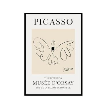 Imagem de Pintura em tela vintage Picasso desenho de linha de cachorro gato pássaro cavalo desenho abstrato animal impressão minimalista arte de parede pôster para sala de estar decoração de casa (SKU1,40.6x60