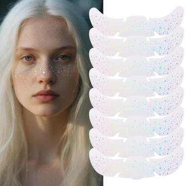 Imagem de 8 peças de tatuagem holográfica multicolorida com glitter e sardas faciais, remendo de maquiagem, sardas falsas, à prova d'água, tatuagens temporárias com glitter fofo para mulheres e crianças