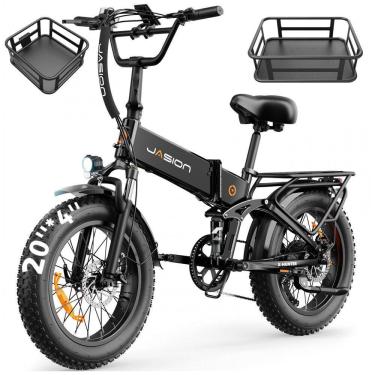 Imagem de Bicicleta elétrica dobrável Jasion X Hunter preta com cestos motor 750W pico 1400W pneu...
